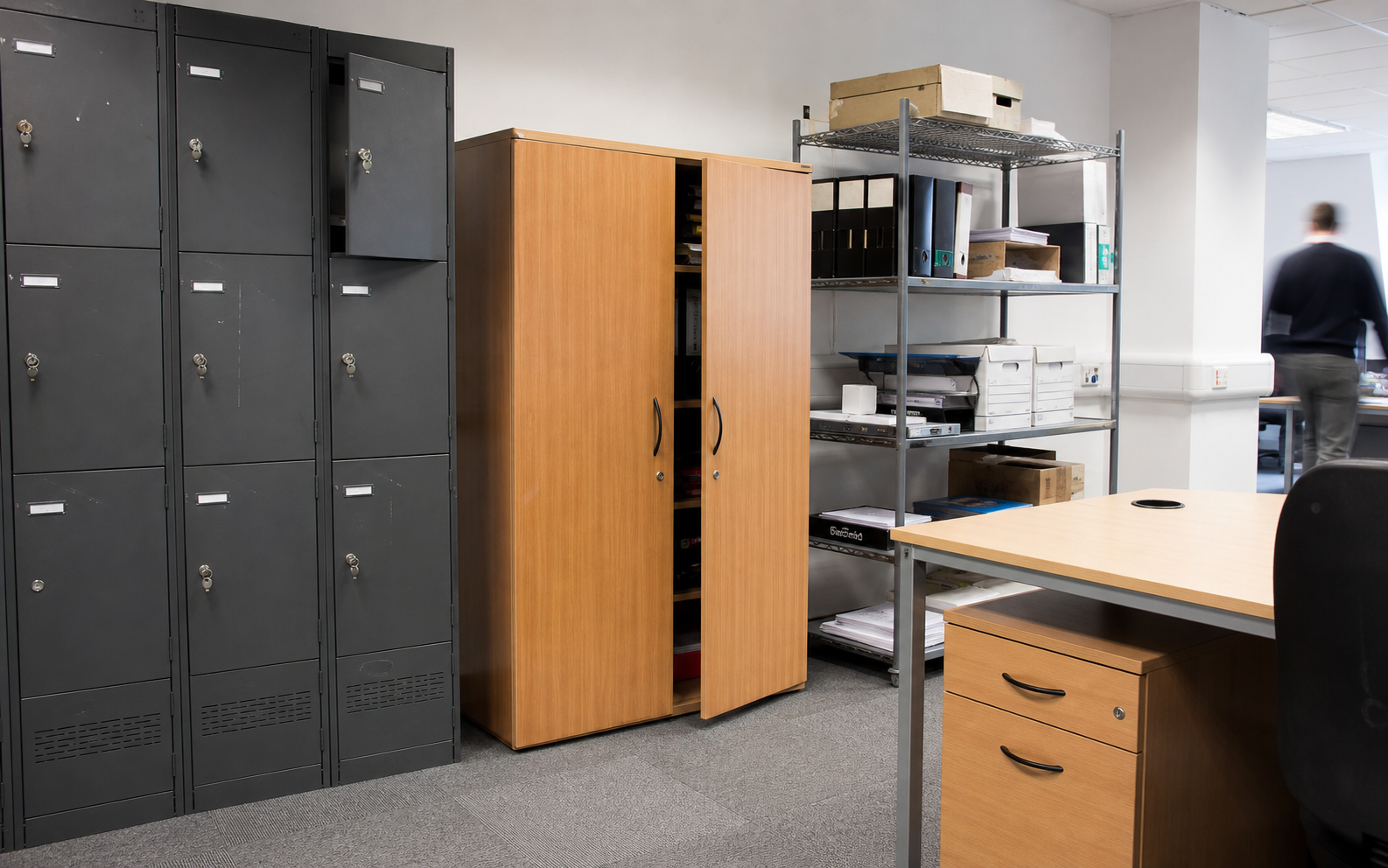 Coordinated used office storage with lockers cupboards pedestals and shelving in a modern workplace