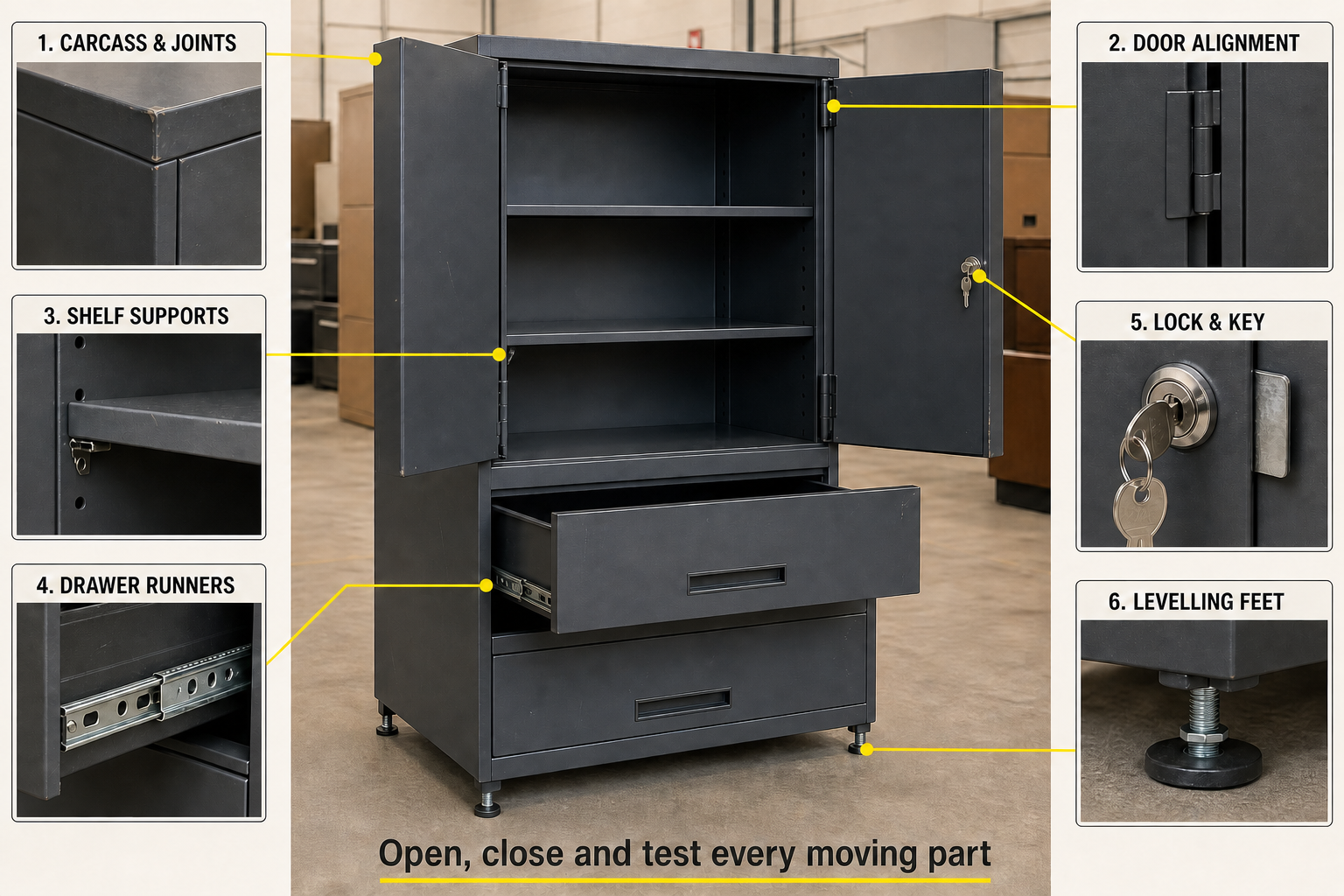 Close-up inspection infographic for used office storage carcass doors shelves drawers locks and feet