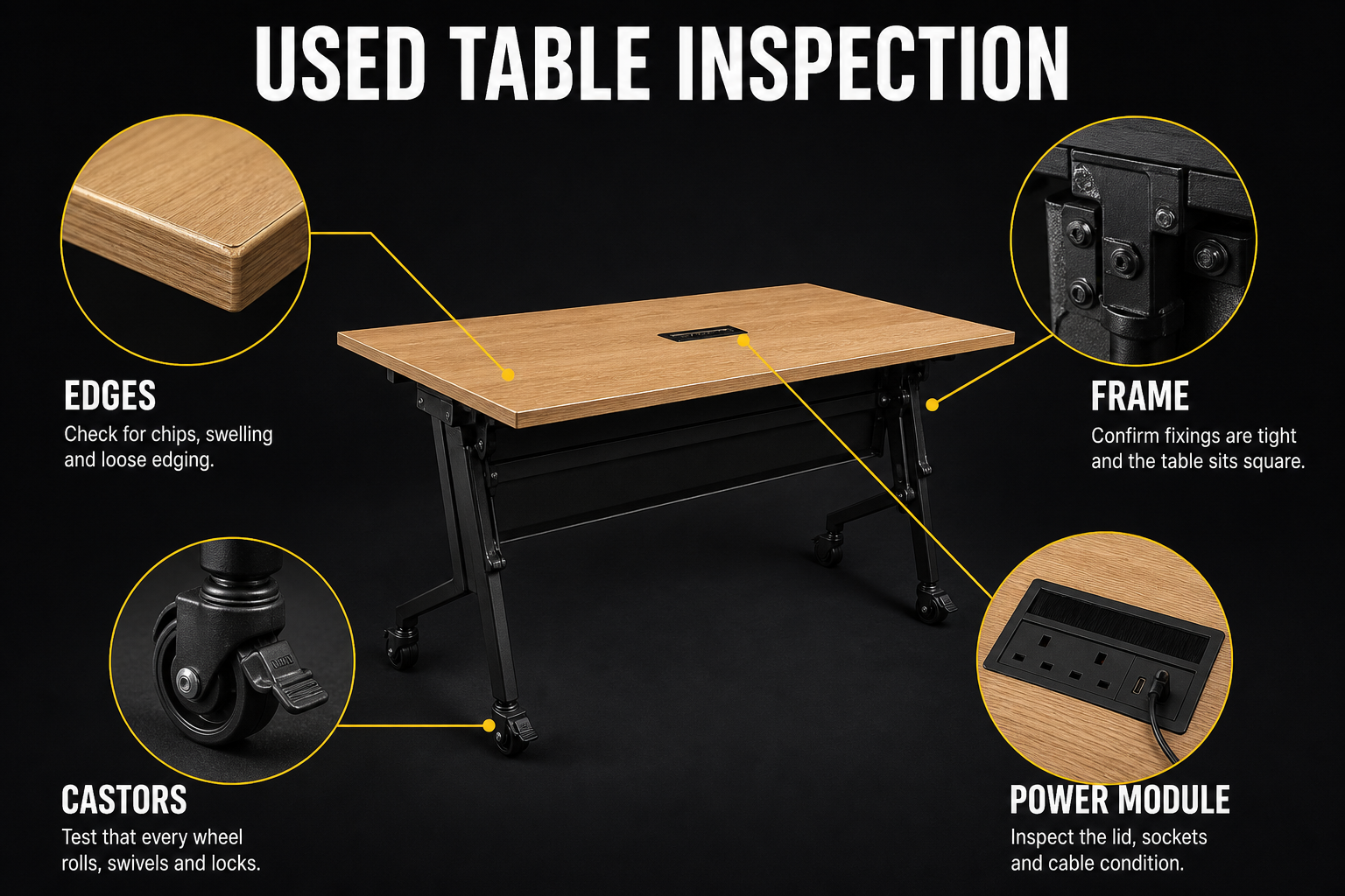 Close-up inspection infographic for used office table edges, frame, castors and power module