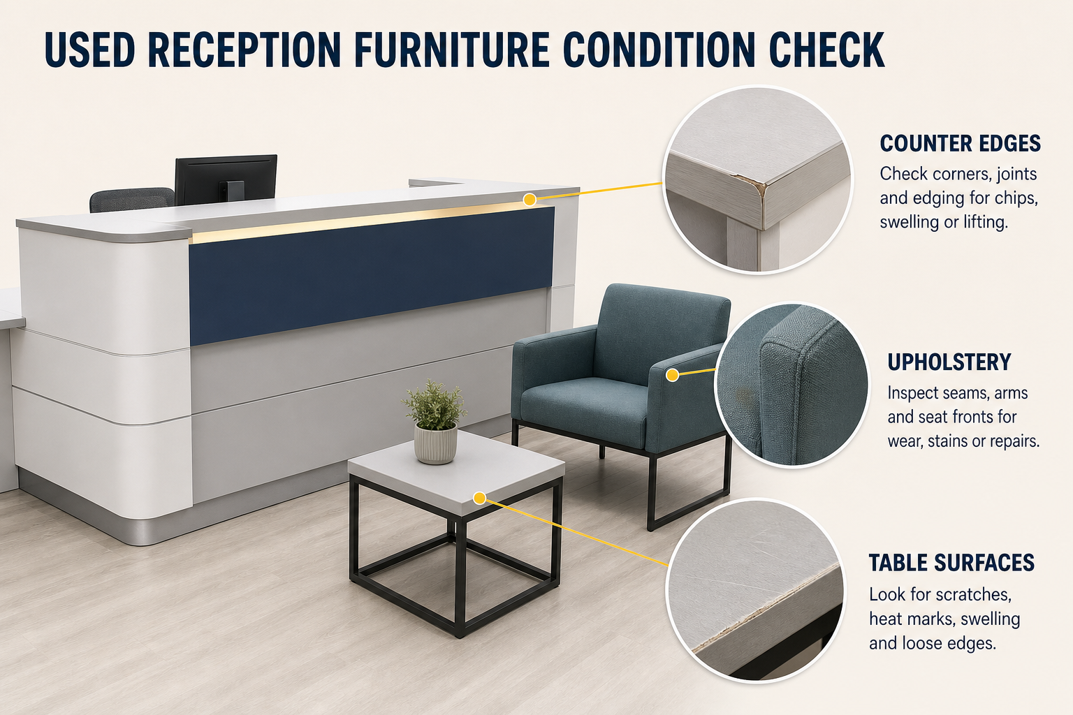 Close-up inspection of used reception counter edges, upholstery and table surfaces