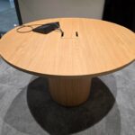 Round Oak Meeting Table – Pedestal Base with Integrated Power and USB - 120cm