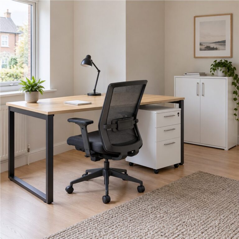 Compact desk, ergonomic chair, pedestal and cupboard in a home office