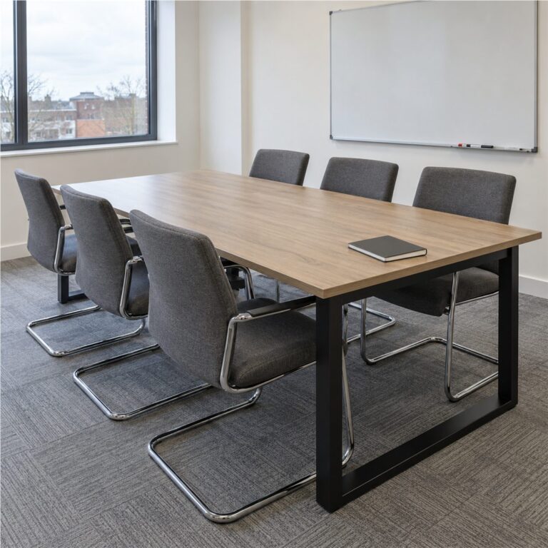 Boardroom table, meeting chairs and whiteboard in a modern meeting room
