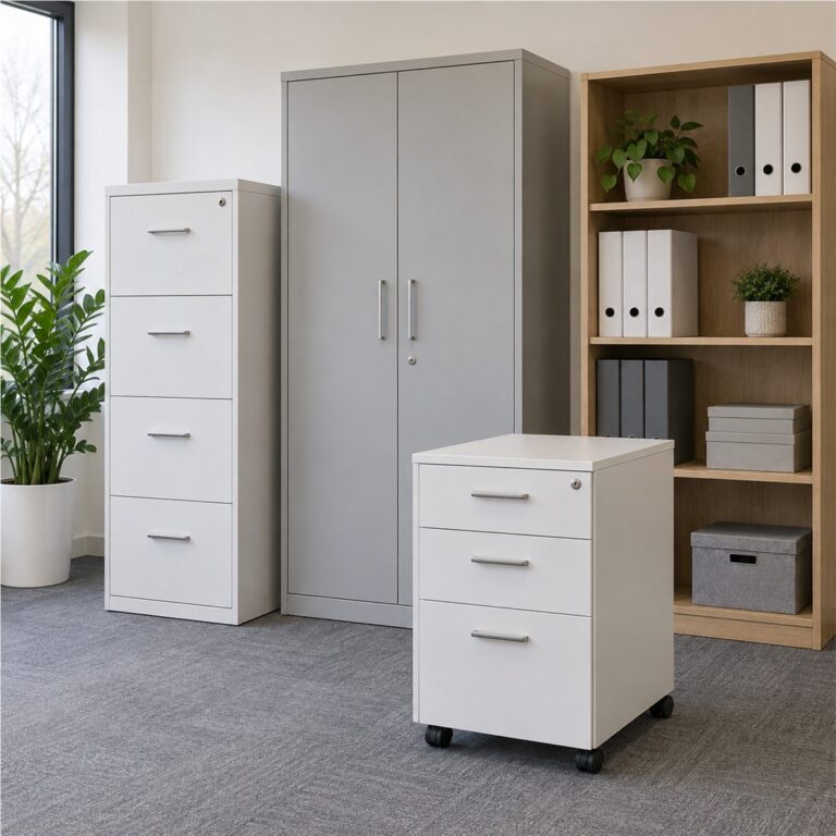 Filing cabinets, office cupboard, pedestal and shelving for organised storage
