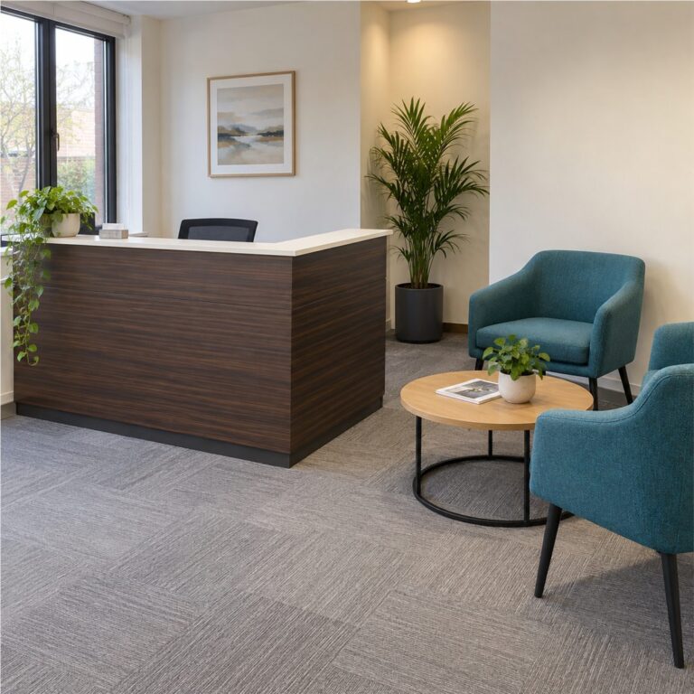 Reception counter, waiting chairs and coffee table in a welcoming office reception
