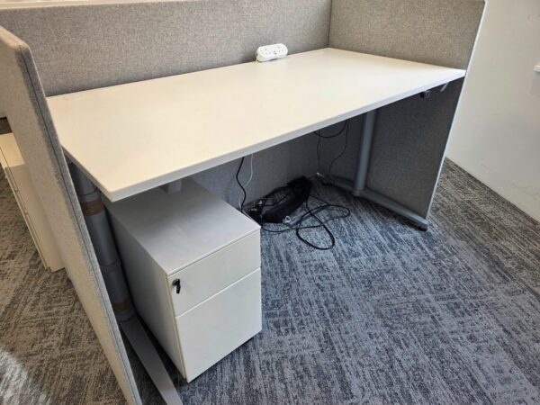 Electric Sit-Stand Desk with White Top and Grey Legs + Mobile Pedestal - 160cm