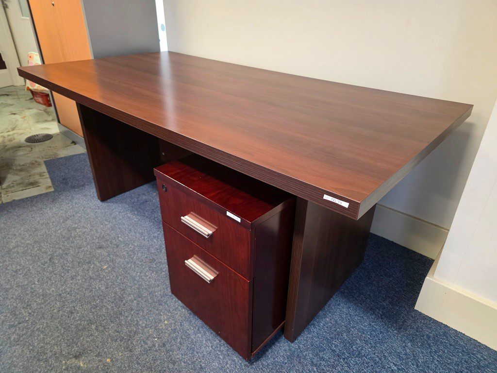 Walnut-Effect Executive Desk with 4cm-Thick Top and Matching Pedestal - 180cm